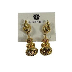 Lorren Bell Gold Tone Dangle Earrings Textured 2.25" Long Drop Fashion Shiny